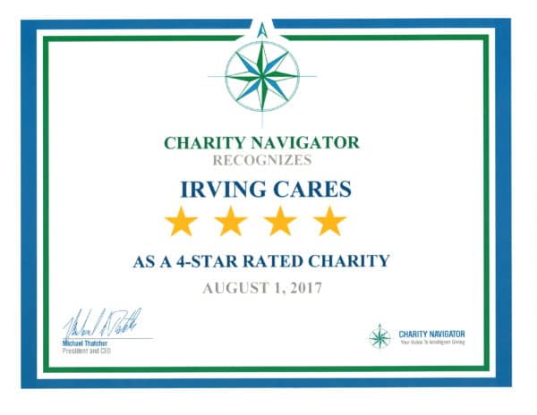 Irving Cares rated 4 stars by Charity Navigator Certificate issued August 2017