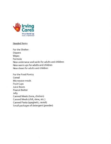 List of items needed Hurricane Evacuees on 082917