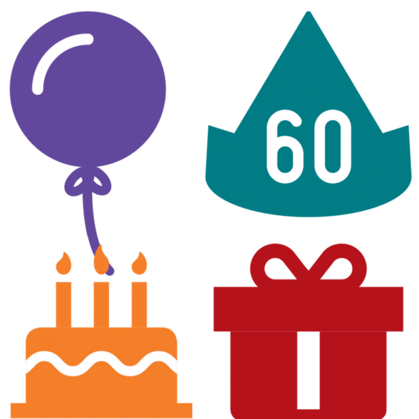 60th Birthday Balloon, Party Hat, Cake and Gift