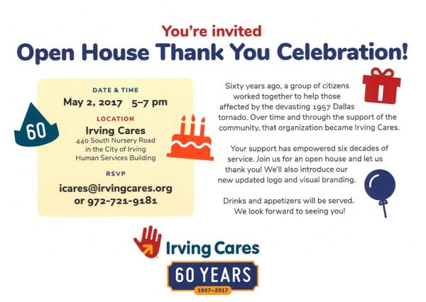 Open House Thank You Celebration at Irving Cares on 5/2/17 from 5-7 pm